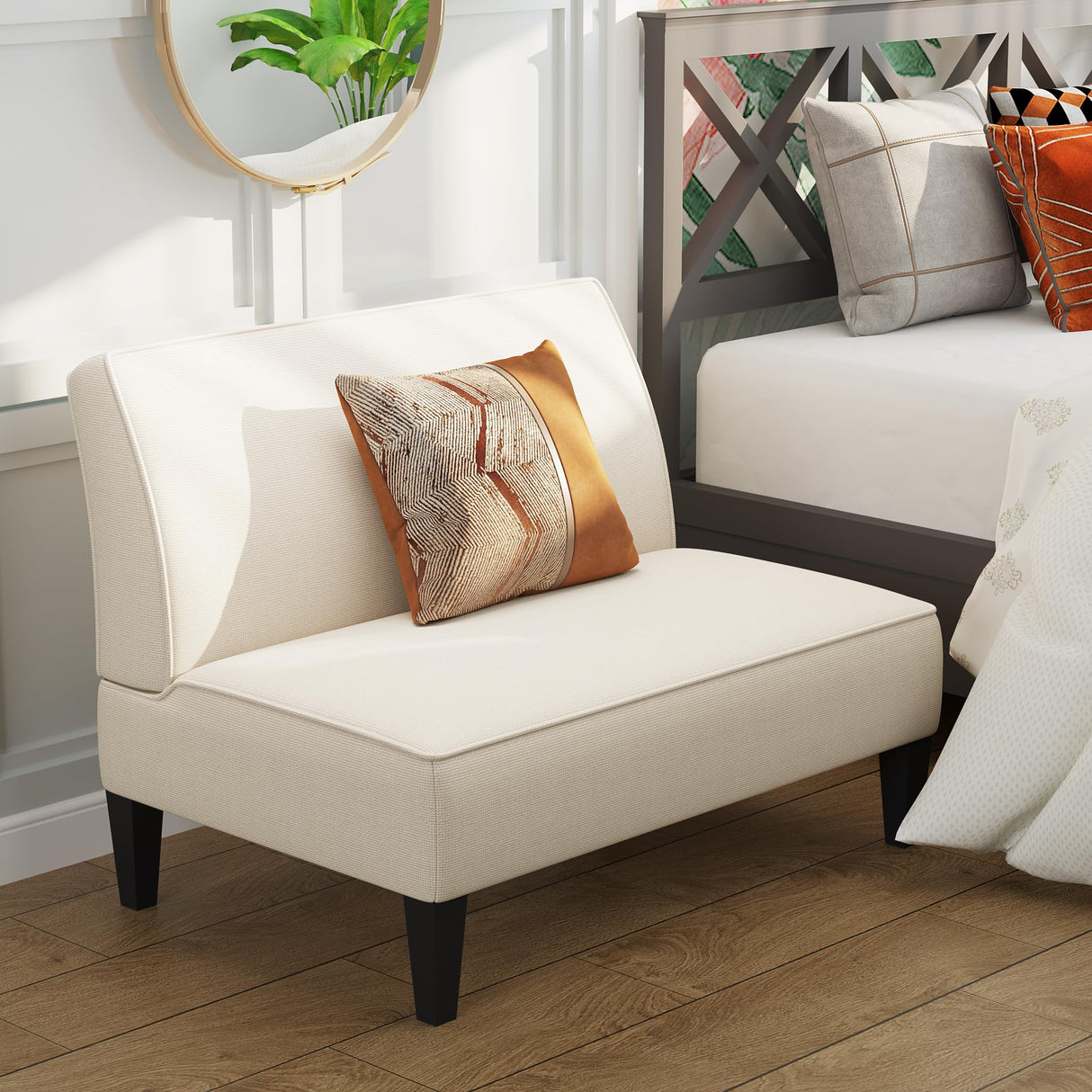 Yongqiang Small Loveseat Mini Sofa Couch Accent Upholstered Bench with Back Living Room Bedroom Office Armless Love Seat Settee Beige Yongqiang