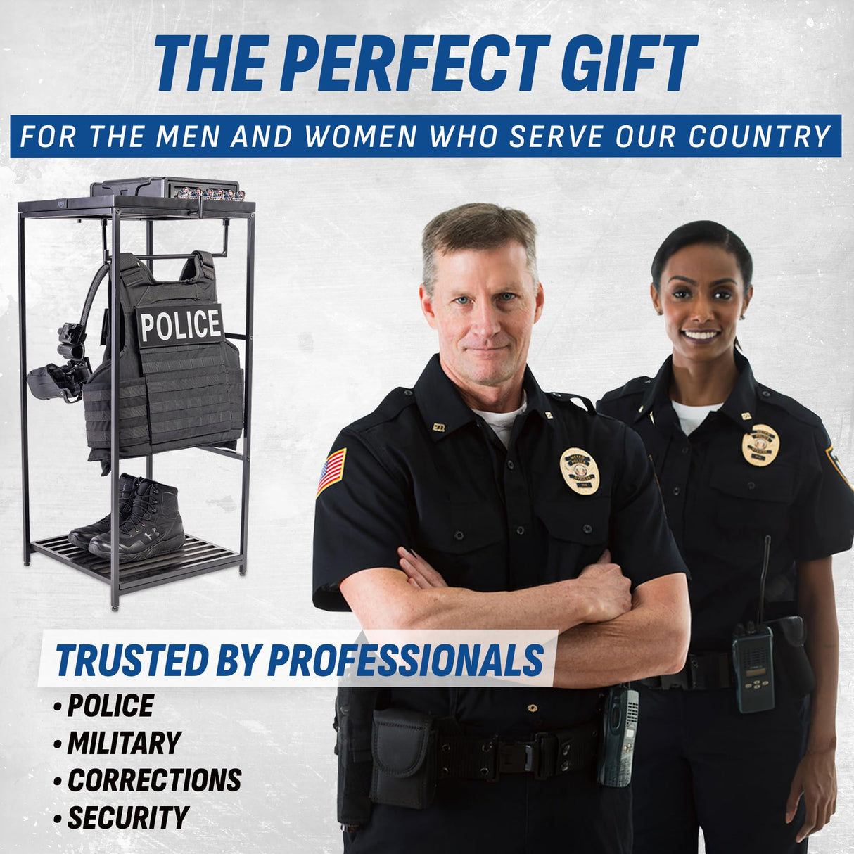 Guard The Line Tac Tower – Police Gear Rack with Quick Access Safe – American Flag Tactical Gear Stand – Law Enforcement Vest and Duty Belt Holder - Cop Caddy Valet Stand - Police Gift Guard The Line