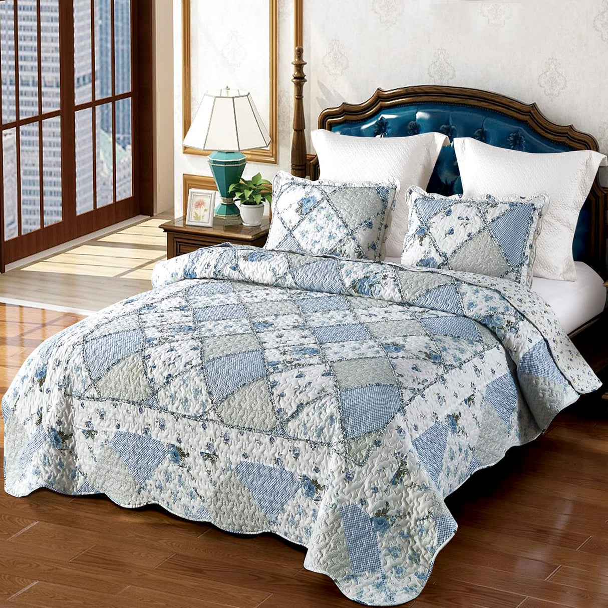 VIVILINEN Blue Floral Patchwork Quilt Set, Full Queen Size, 3 Piece Bedding Set with 2 Pillowcases VIVILINEN