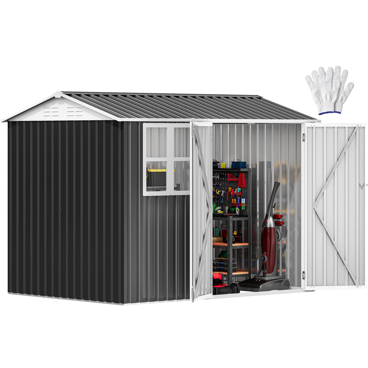 DWVO 8' x 6' Outdoor Storage Shed, Waterproof Metal Garden Shed with Windows, Lockable Doors, and Sloped Roof for Patio, Backyard, Lawn, Tool Storage, Bike Shed, Pet Shelter (Gray + White) DWVO