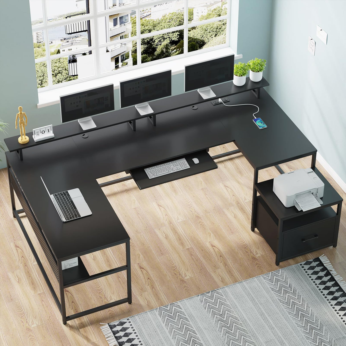 SEDETA U Shaped Desk, Reversible L Shaped Home Office Desk with File Drawer & Power Outlet, 101.5'' Computer Two Person Desk with Monitor Shelf, Keyboard Tray, Gaming Desk, Black SEDETA