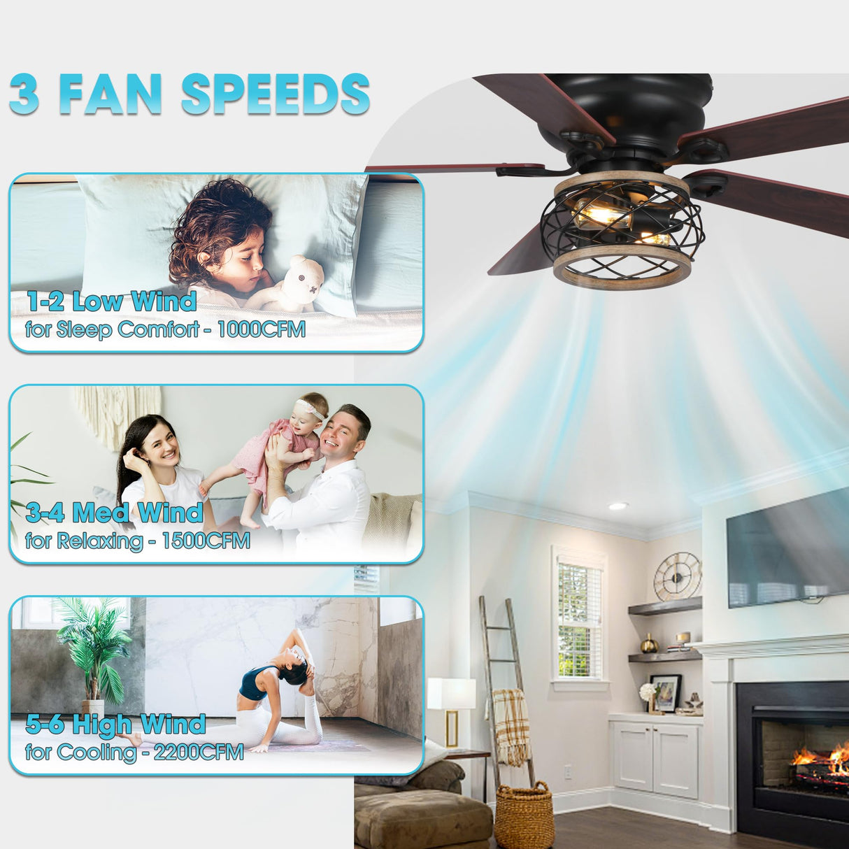 Parrot Uncle Low Profile Ceiling Fans with Lights and Remote, 48 Inch Black Ceiling Fan with Light Flush Mount Farmhouse Rustic Hugger Fan for Bedroom, Reverse Airflow, Timer, FREE Replacement Parrot Uncle