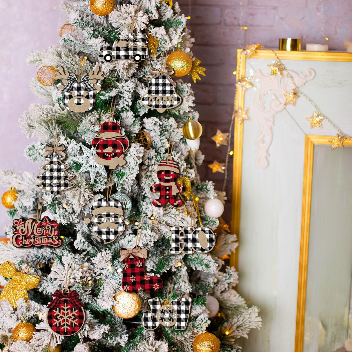 36 Pieces Christmas Buffalo Plaid Hanging Ornaments Christmas Tree Wooden Hanging Decor Wooden Christmas Ornaments Snowflake Reindeer Snowman Plaid Christmas Decor, 12 Styles (Black Red, Black White) BBTO