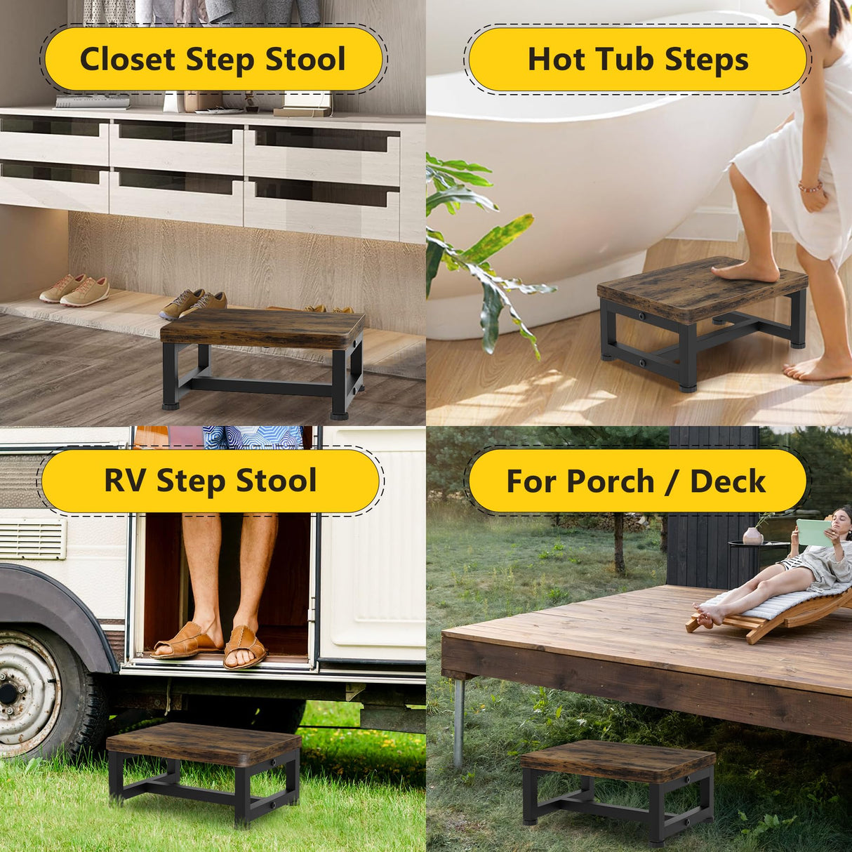 Step Stools for Adults Kids, Sturdy Wooden Stepping Stools with 450LB Capacity, Anti-Slip Bed Steps Stool for High Beds, Foot Stool One Step Stool for Kitchen Bathroom Bedroom, Rustic Brown STAFOPO