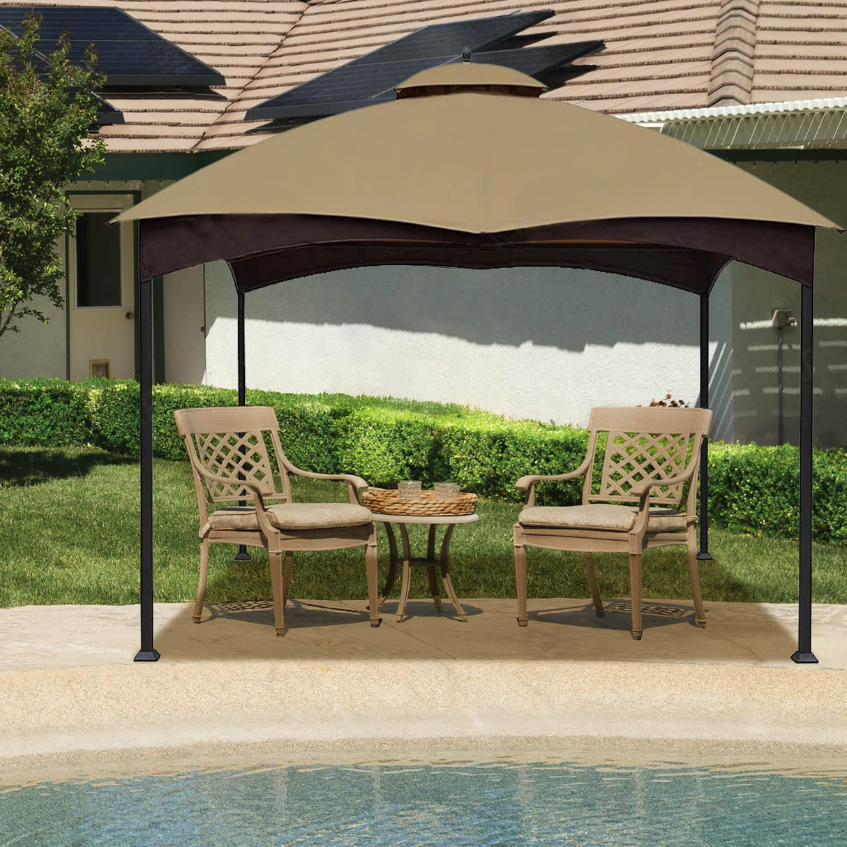 Hugline Outdoor Replacement Canopy Top Double Tier Gazebo Roof Cover for Lowe's Allen Roth 10x12 Gazebo #GF-12S004B-1 (Khaki) Hugline