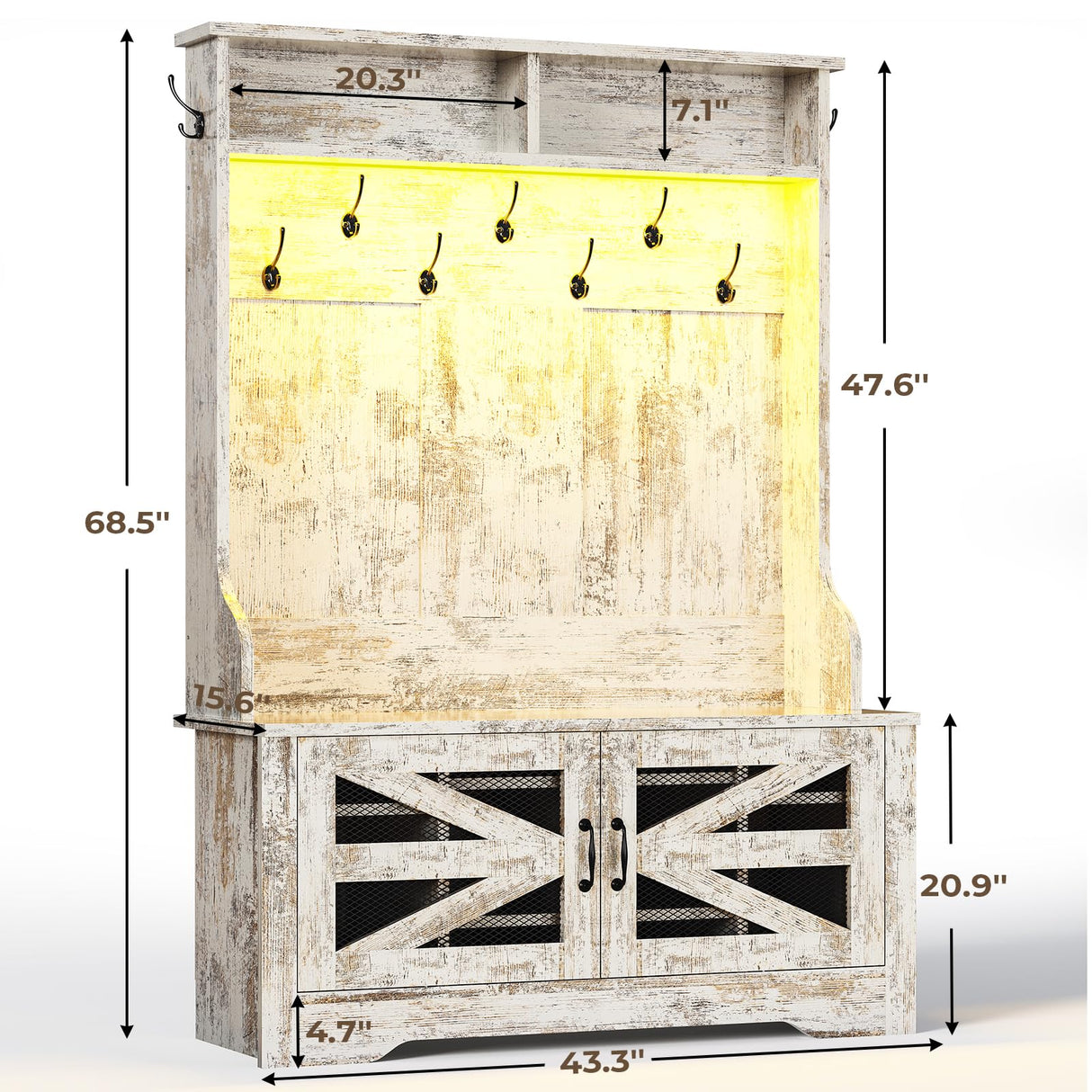 Itaar Hall Tree with Bench and Shoe Storage, 5-in-1 Entryway Bench with Coat Rack, 10 Shoe Cubbies & 9 Coat Hooks, Barn Door & Adjustable Shelf (Vintage White) Itaar