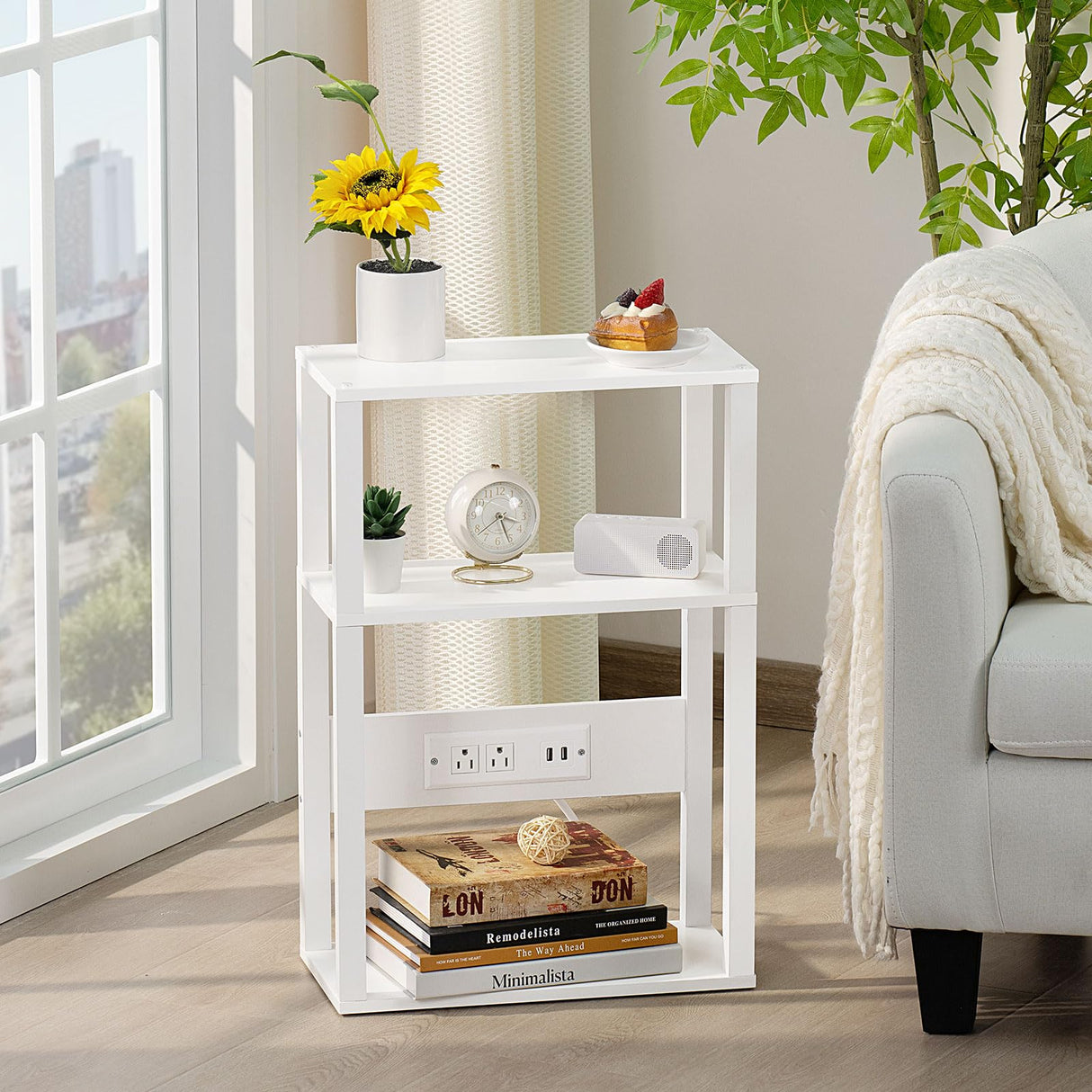 YUFAM 3-Tier Small Narrow Wood Side Table with Charging Station, Skinny Nightstand for Small Space, Slim Bedside Table with Storage for Couch, Thin End Table with USB Ports and Outlets, White YUFAM