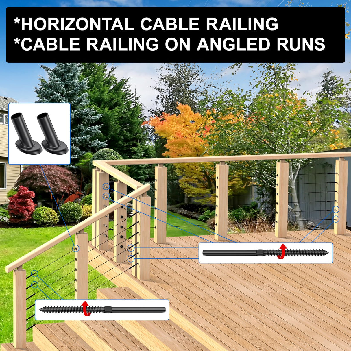 BLIKA 40 Pack T316 Stainless Steel Black Right&Left Handed Thread Swage Lag Screws for Wood Posts of 1/8" Deck Cable Railing Kit, Wire Railing Kit for Decks with Wrench, DIY Wood Baluster BLIKA