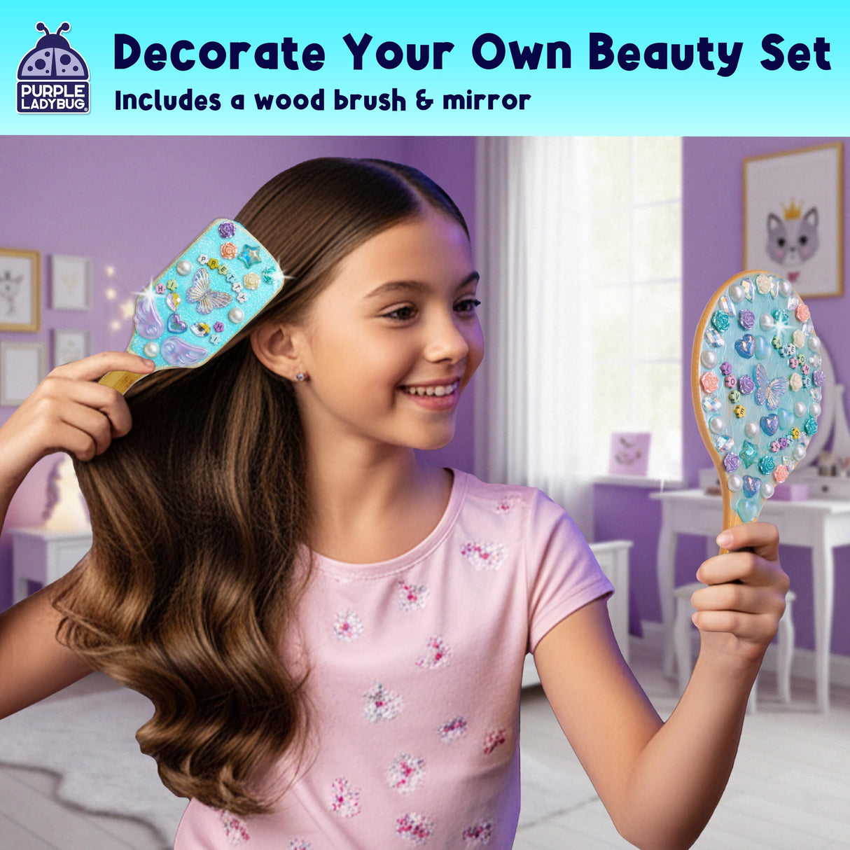 PURPLE LADYBUG Decorate Your Own Wooden Mirror & Brush Set - DIY Craft Kit for Girls Ages 4-8 8-12 with Glitter Glue, Beads, Gems, Butterflies, Ribbons - Birthday Gift for Girls 4 5 6 7 8 9 10 11 12 PURPLE LADYBUG