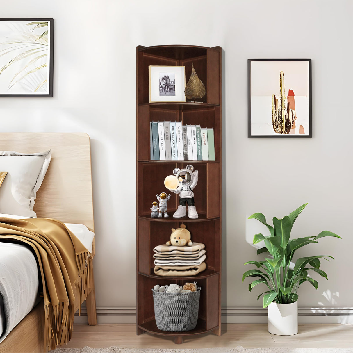 DOUSY-5 Tier Bamboo Corner Shelf, Mid Century Modern Corner Bookshelf, 69" Tall Stylish Bookcase Display Rack Plant Stand for Living Room, Bedroom, Home Office, Kitchen, Walnut DOUSY