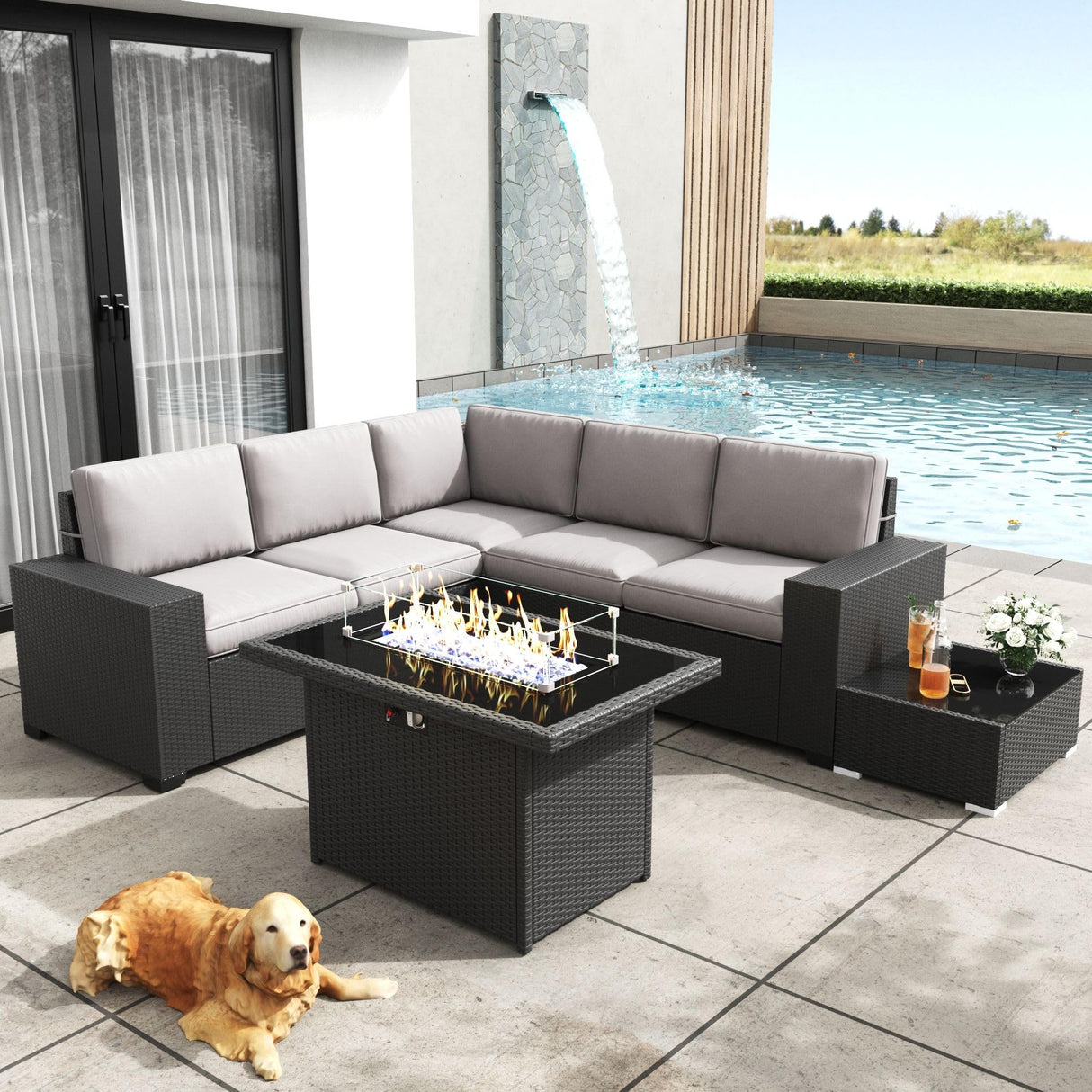 KHOLH Patio Furniture Set with Fire Pit Table, 7 Pieces Outdoor All-Weather Wicker Conversation Sectional Chair Sofa Set KHOLH