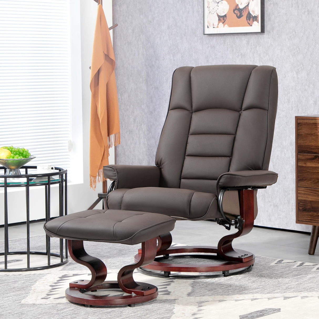 HOMCOM Recliner with Ottoman, Swivel Recliner Chair and Ottoman, Faux Leather Reclining Chair with High Back and Wood Frame for Living Room, Bedroom, Brown HOMCOM