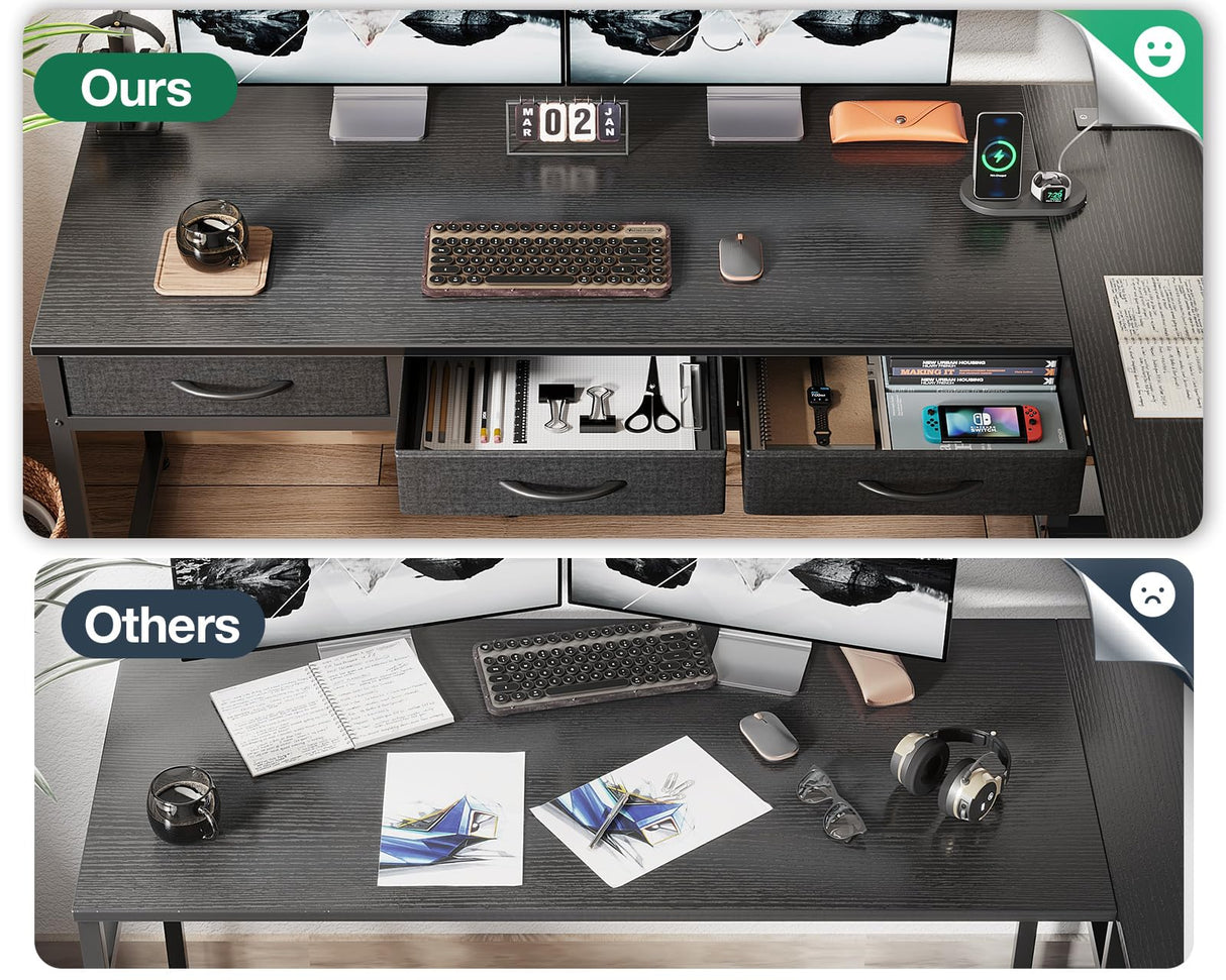 AODK 53 Inch Black L Shaped Computer Desk with Drawers & Power Outlets AODK