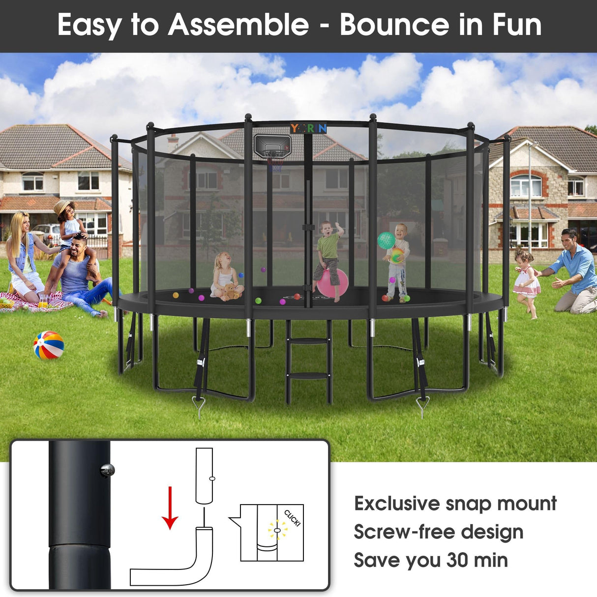 YORIN Tranpoline 16FT, Outdoor Tranpoline for Kids and Adults 1500LBS Tranpoline with Basketball Hoop, Enclosure Net, Back Yard Heavy Duty Recreational Tranpolines, ASTM Approved YORIN