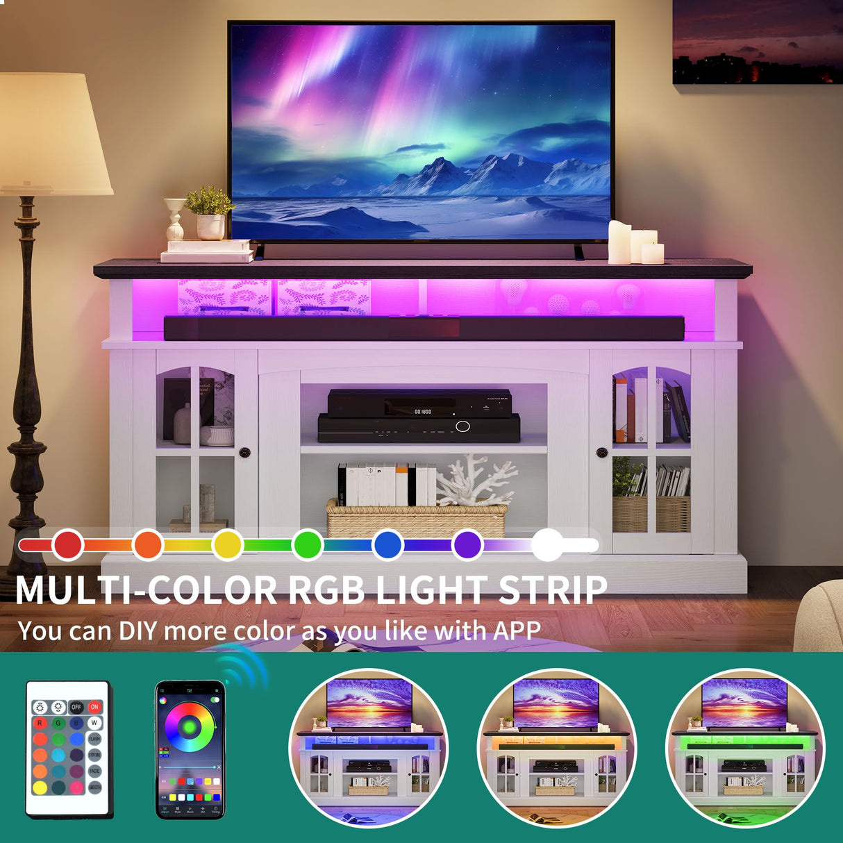 YITAHOME LED Farmhouse TV Stand for 65 Inch w/Outlets, Modern Entertainment Center with Glass Doors and Adjustable Storage Shelves, Media Console TV Cabinet for for Living Room, White/Black YITAHOME