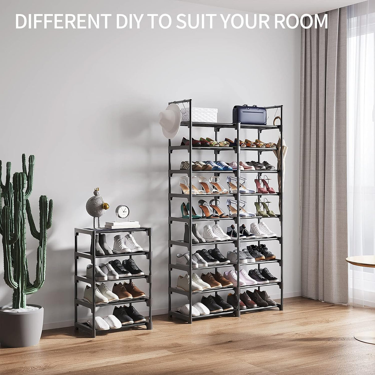 Piggy-G 9 Tiers Shoes Rack for Entryway, Shoe Organizer with Hook Rack, Shoe Storage Shelf Organizer Stackable Long Shoe Shelf for Hallway Entryway, Closet, Garage, Bedroom, Cloakroom Piggy-G