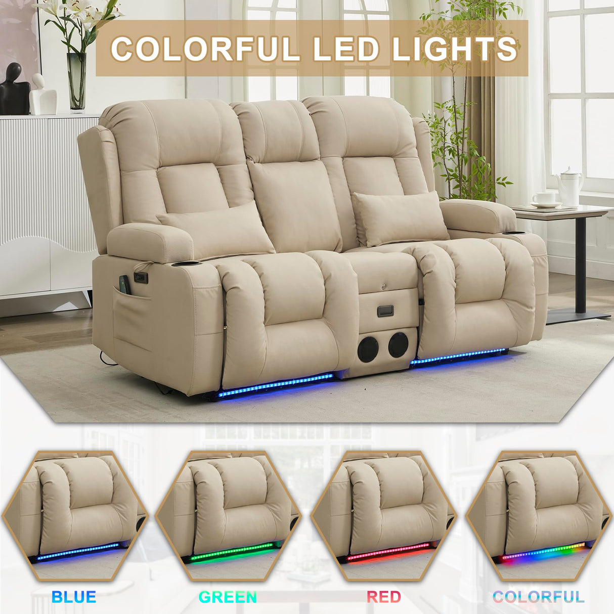 URRED Power Reclining Loveseat Sofa with Console, RV Couch Loveseat Recliner Sofa with Massage & Heat, LED Light, Cupholders, Bluetooth Speakers, USB Charge Ports, Outlets, Leathaire, Beige URRED