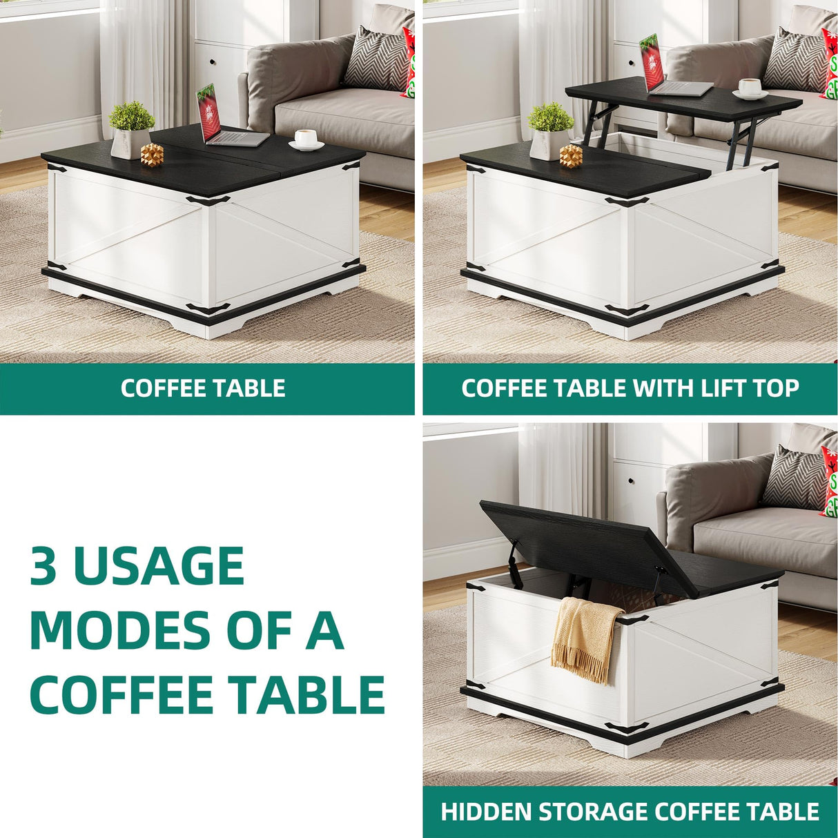 YITAHOME Farmhouse Lift Top Coffee Table, Square Wood Center Table with Large Hidden Storage Compartment for Living Room, Rustic Cocktail Table with Lift Top for Home Office, White and Black YITAHOME