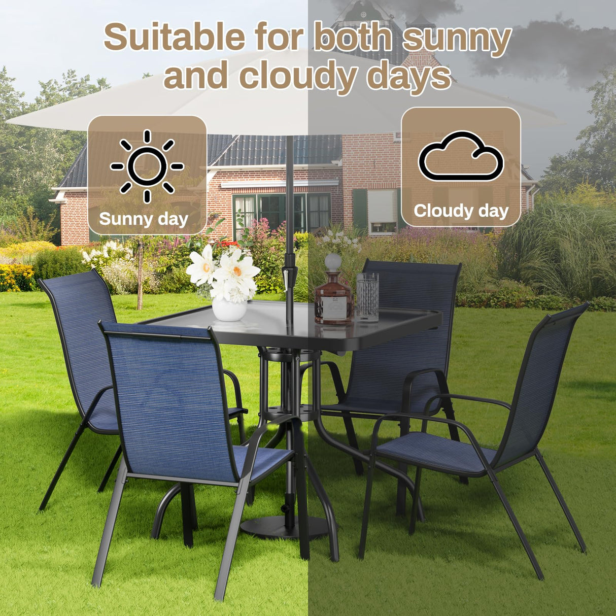 TLSUNNY Patio Dining Set 5 Pieces, All Weather Outdoor Furniture W/30"X 30" Table and 4 Stackable Textilene Chairs, Metal Table and Chairs for Lawn, Garden, Poolside, Backyard (Umbrella not Included) TLSUNNY