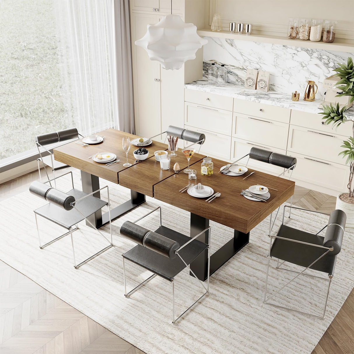 STHOUYN Farmhouse Rustic Extendable Dining Room Table for 8 10, 70.9" (86.6") x 31.5", Rectangular Dinner Table for 6-10, Mid Century Modern Expandable Retractable Wooden Kitchen Table (Brown) STHOUYN