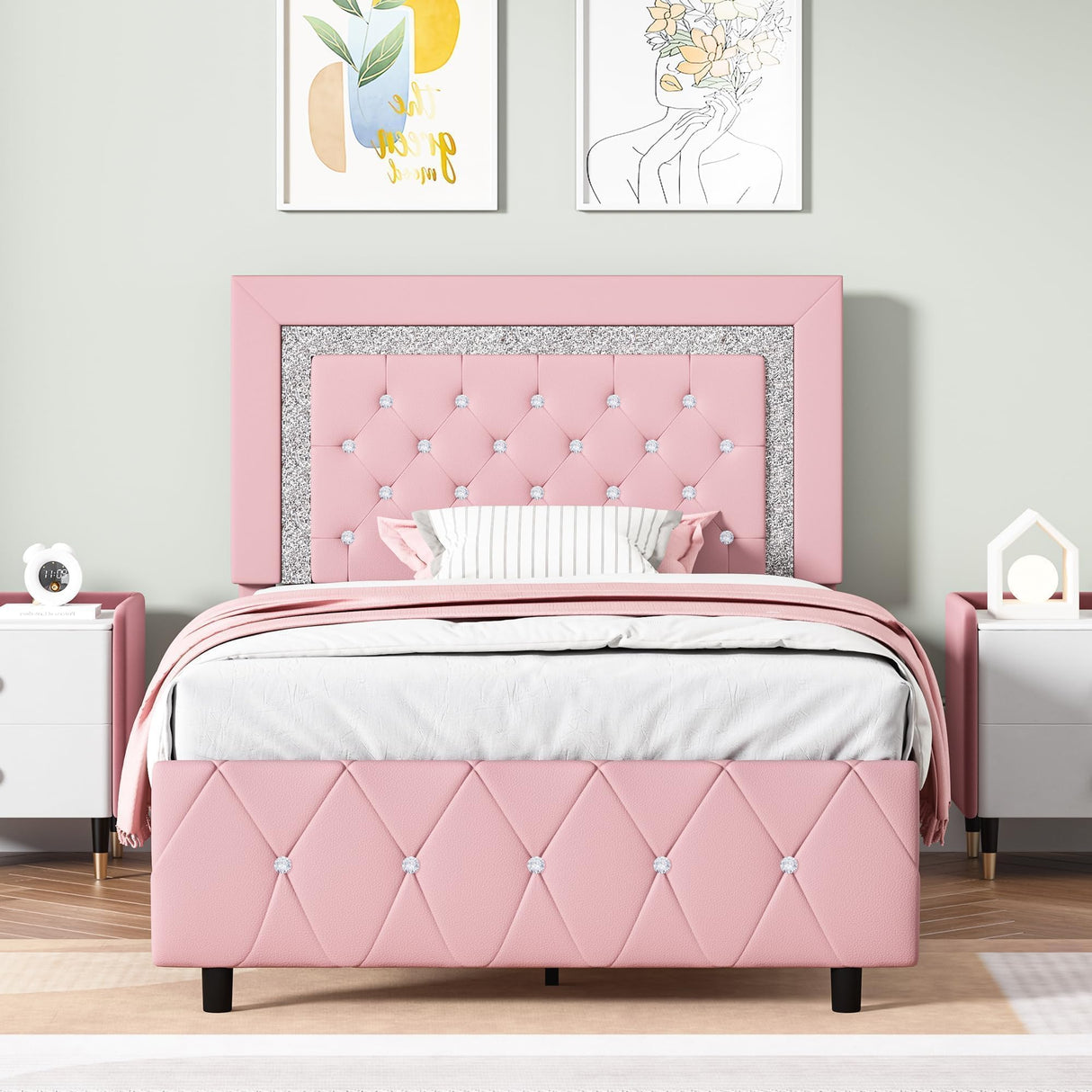 Twin Bed Frame with Headboard, Faux Leather Upholstered Bed with Diamond Tufted Design, Princess Twin Bed Frames for Kids, No Box Spring Required, Easy Assembly, Pink BarnFurin