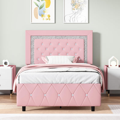 Twin Bed Frame with Headboard, Faux Leather Upholstered Bed with Diamond Tufted Design, Princess Twin Bed Frames for Kids, No Box Spring Required, Easy Assembly, Pink