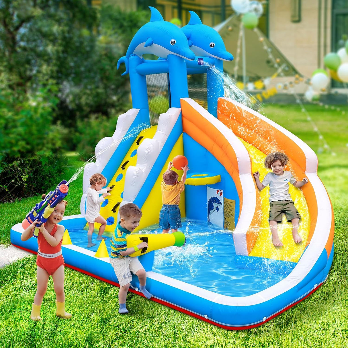 TOAOB Inflatable Water Slide,5 in 1 Dolphin Inflatable Bounce House for Kids- Climbing Wall Splash Pool Water Cannon Basketball Rim - 480W Blower - for Indoor Outdoor Backyard Birthday Party TOAOB