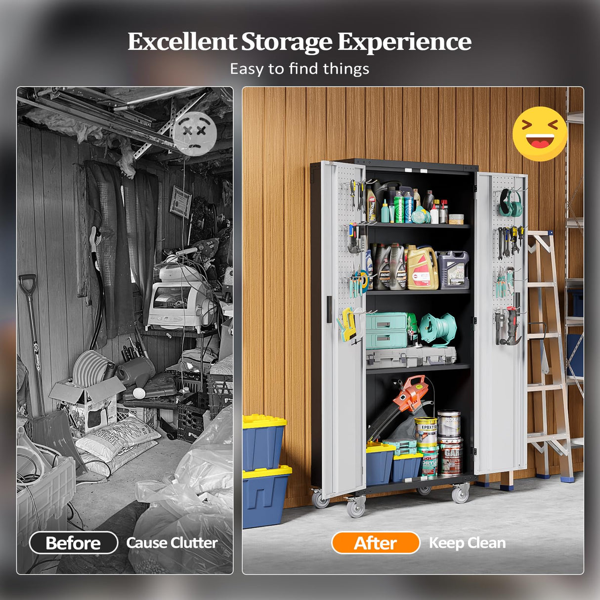 VINGLI 72'' Tall Garage Storage Cabinet, Metal Storage Cabinet with Pegboards, Wheels, Locking Doors and Adjustable Shelves (Black & Silver, 32''W x 16''D x 72''H) VINGLI