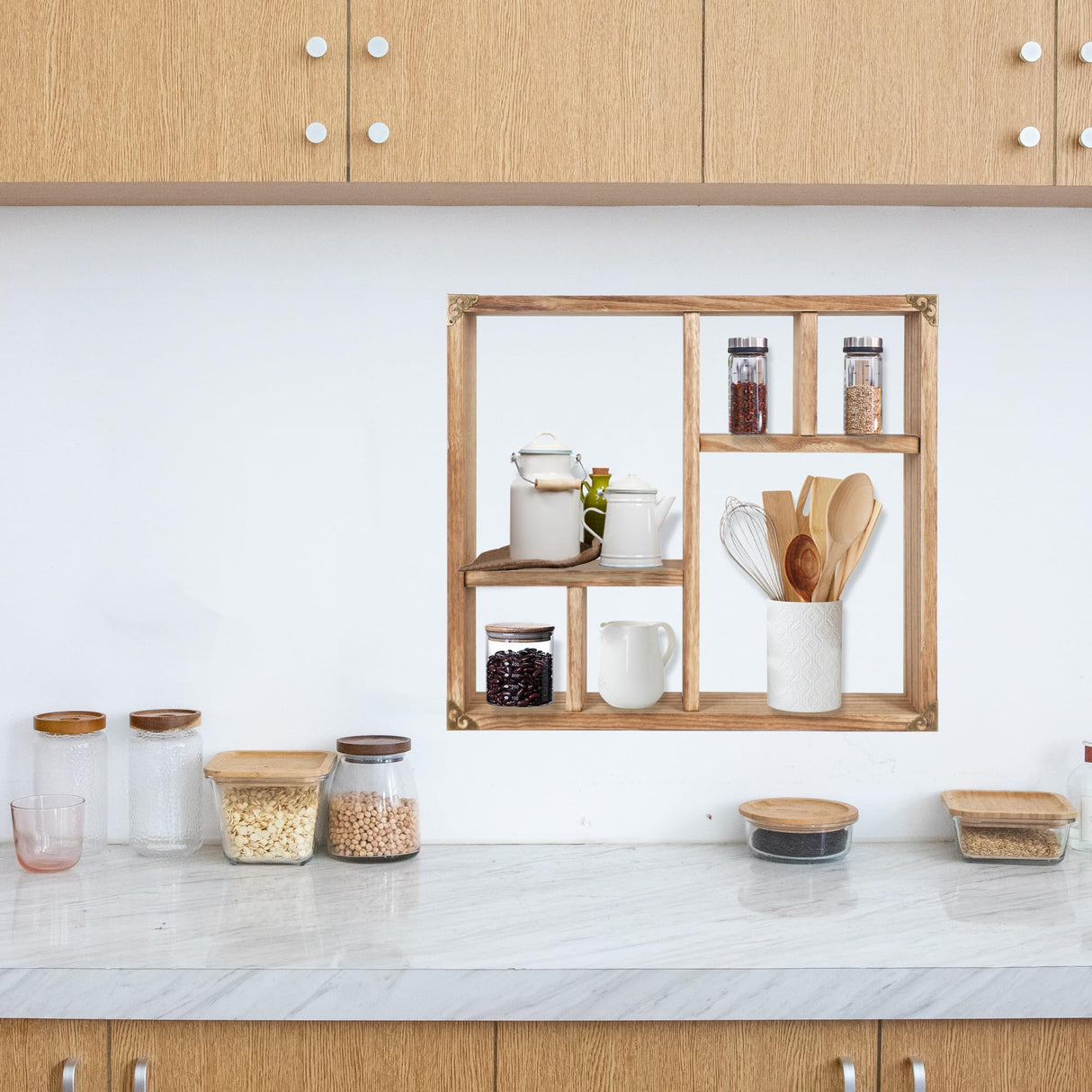 MITREL 17.7x15.7-Inch Shadow Box Display Shelf,6-Slot Rustic Floating Shelves,Larger Wood Trinket Shelf Freestanding Farmhouse Curio Shelf(6C-Brown) MITREL