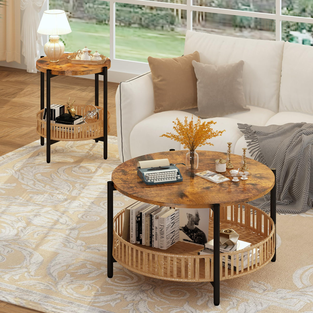 Lamerge 3 Pieces Coffee Table Set for Living Room, Boho Living Room Table Set with Rattan Storage Shelf and Metal Frame, Round Coffee Table & 2 End Side Tables for Apartment Home Office