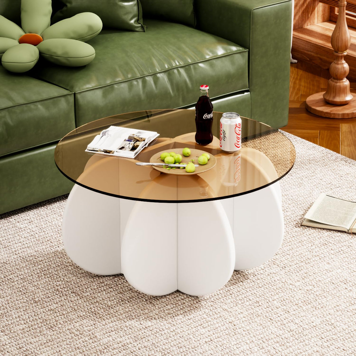 Glass Coffee Table, Mid Century Modern Design, 31.5'' Modern Round Tempered Glass Coffee Tables for Living Room, Cocktail Table for Small Space Home Office. (White + Brown) Yaruifnt