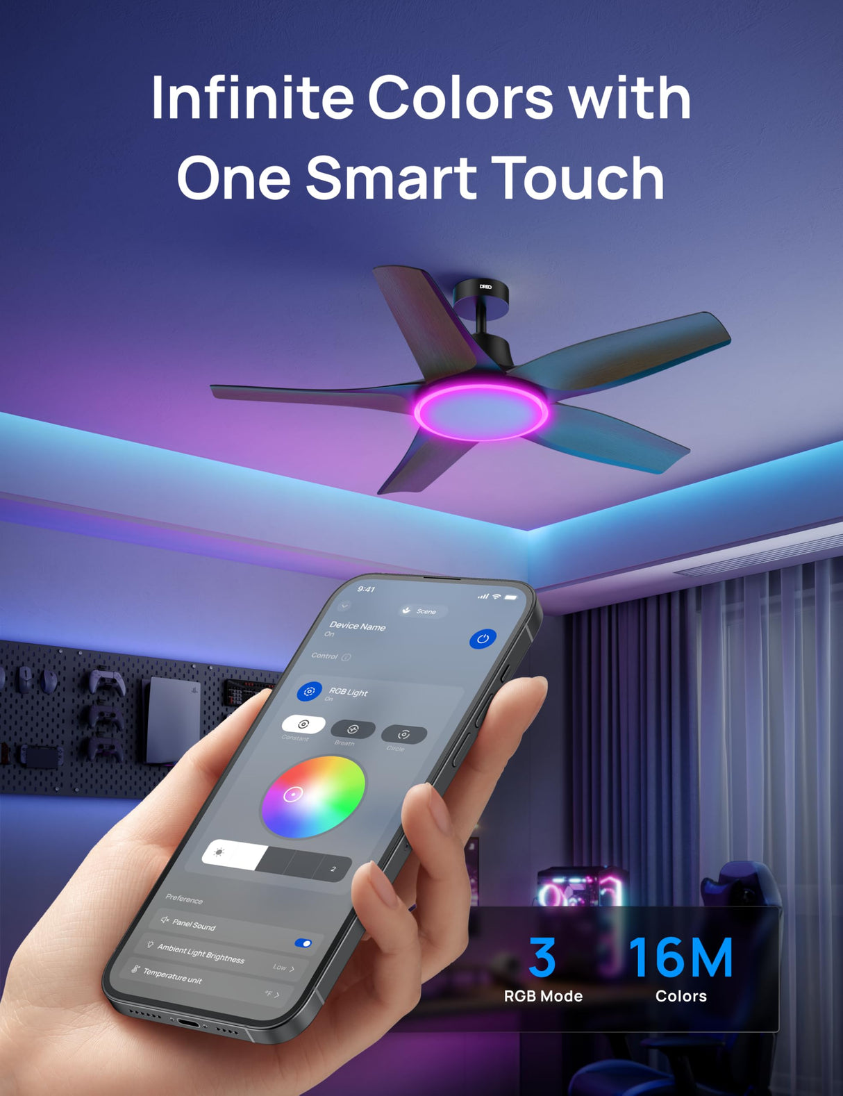 Dreo Smart Ceiling Fans with Lights, Low profile Ceiling Fan with Alexa/App, 52'' Dimmable Lighting & Color Tuning, RGB Ambient Light for Living Room, Game Room, Easy Installation, Quiet, Black Dreo