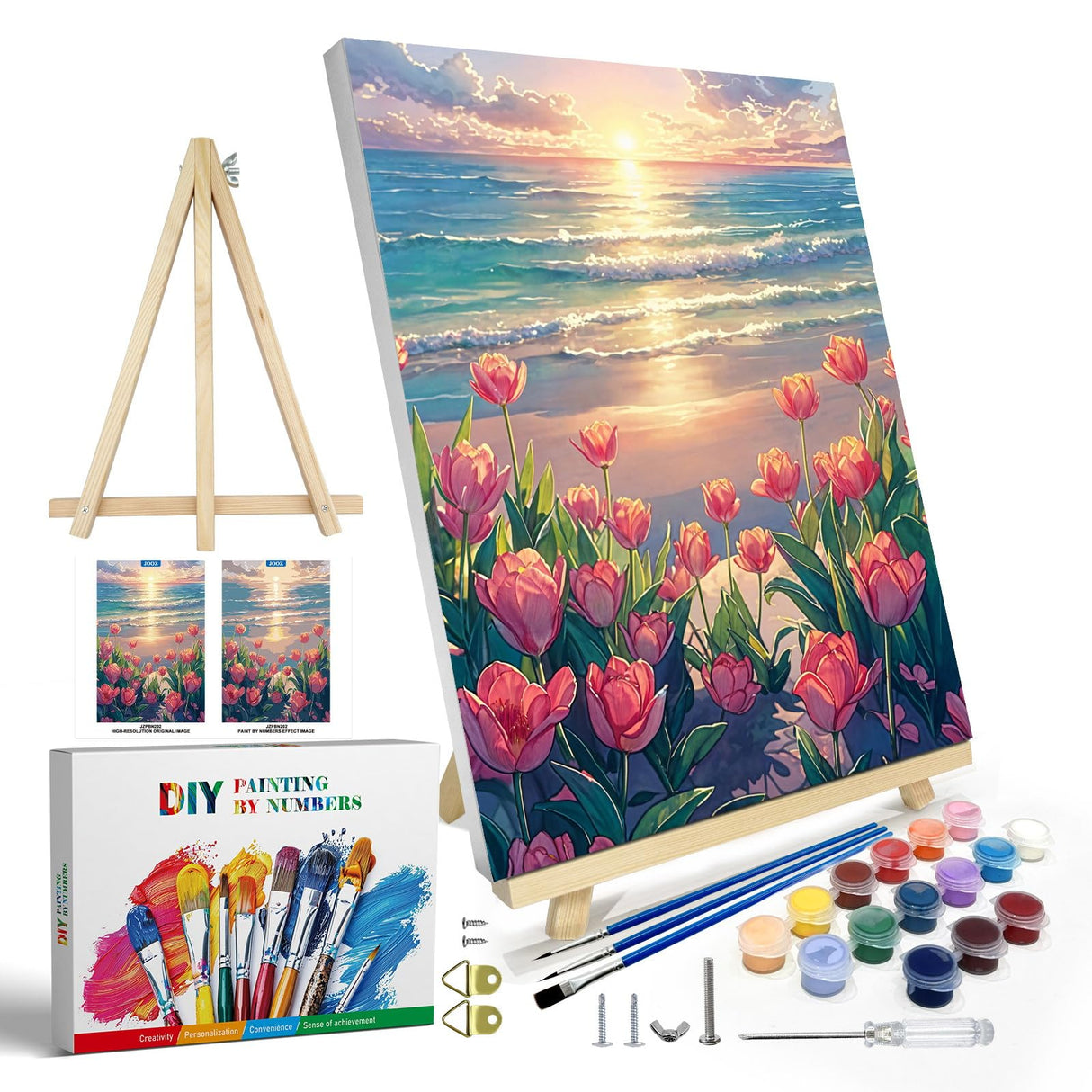 JOOZ Paint by Numbers Kit for Adults with Frame, Flowers Paint by Numbers for Adults, Seaside Sunset Paint by Number with Easel, DIY Tulip Oil Painting Kit for Home Wall Decor 8 x 12 Inch JOOZ