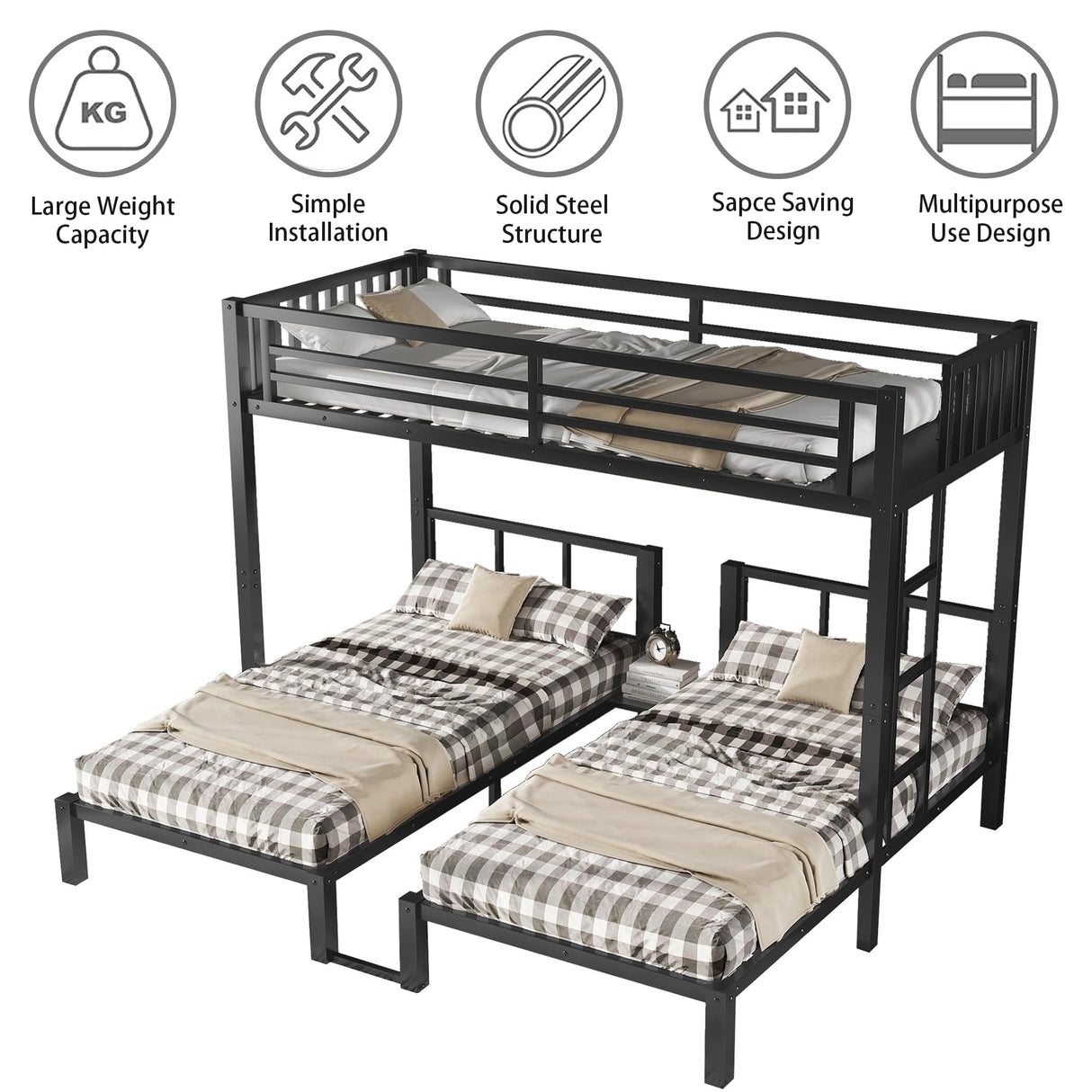 Mirightone Metal Triple Bunk Bed for Kids,Heavy Duty Triple Twin Bunk Bed with Ladder & Storage Shelf, Convertible 3 Bed Bunk Beds for Girls Boys Teens,Can be Separated into 3 Beds, Black Mirightone