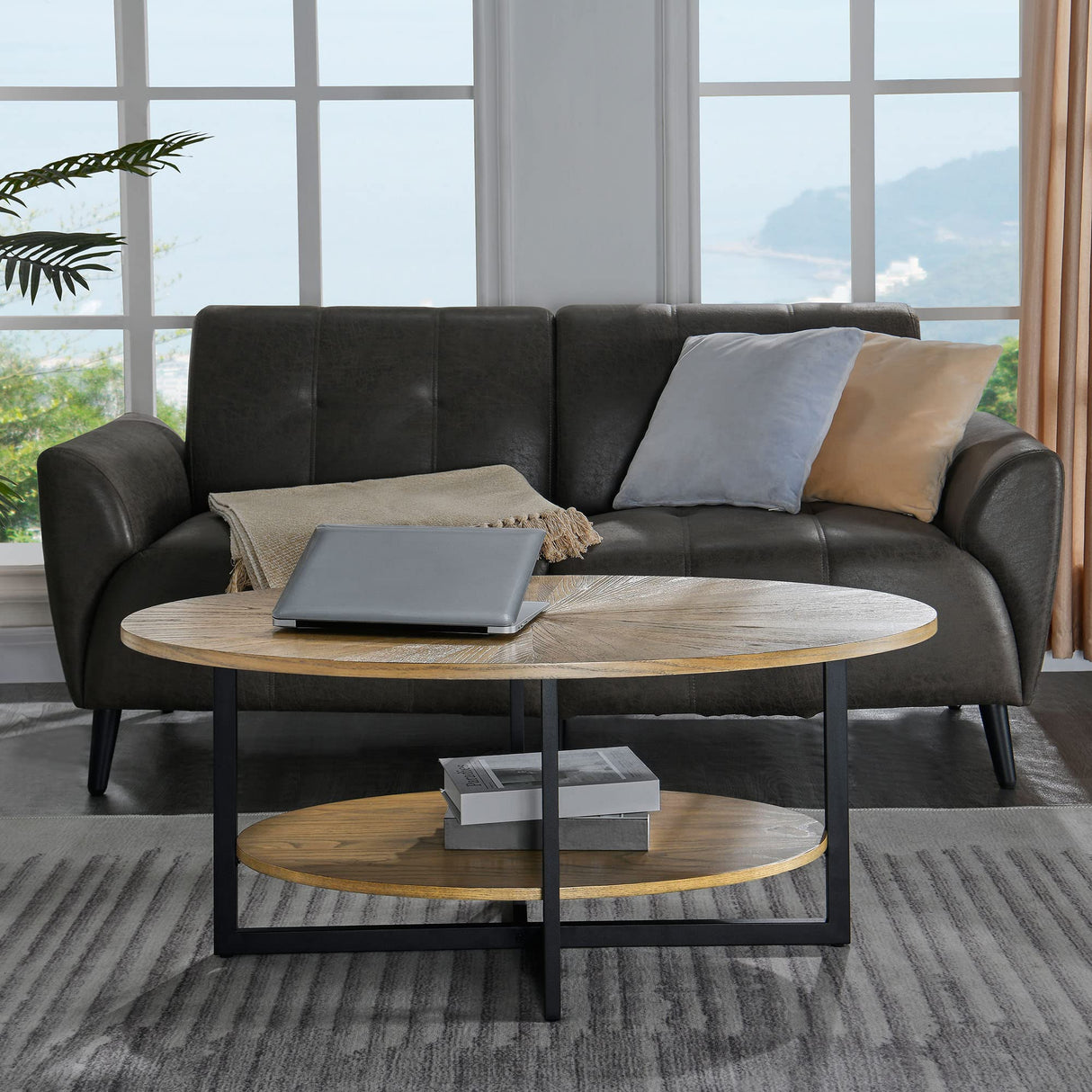 JESONVID Solid Wood Oval Coffee Table with Cross Metal Legs, 43.3in Modern Industrail Center Table with Open Shelf Cocktail Tea Table for Living Room Bedroom, Rustic Nature 1811 JESONVID