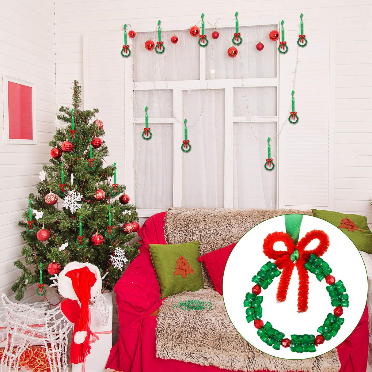 48 Sets Christmas Beaded Ornament Kit DIY Craft Bead Christmas Tree Hanging Decorations for Craft Wreath Holiday Party Xmas Tree Decor Gejoy