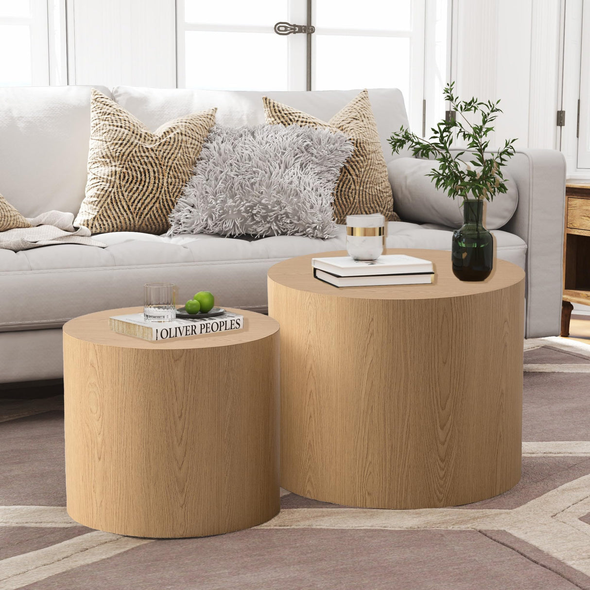 Round Nesting Coffee Table Set of 2 Modern Round Fluted Coffee Table Small Round Coffee Table Circle Side Table Circular End Table Nested Coffee Table for Living Room (Light) YYZIWYUN