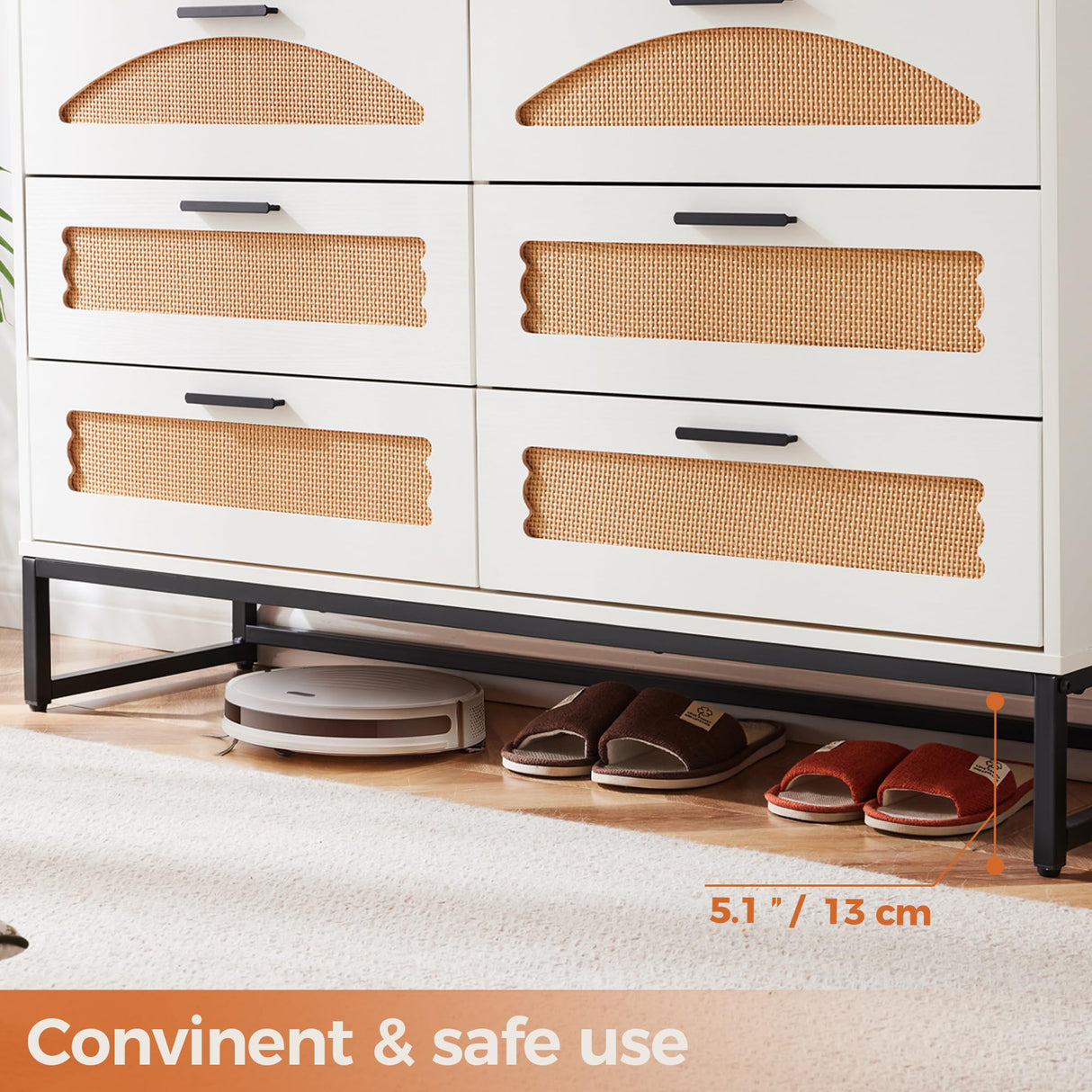 Mericonia 6 Drawer Double Dresser for Bedroom, Rattan Chest of Dressers, Modern Wooden Dresser Chest with Golden Handles for Bedroom,Living Room, Hallway and Entryway Mericonia