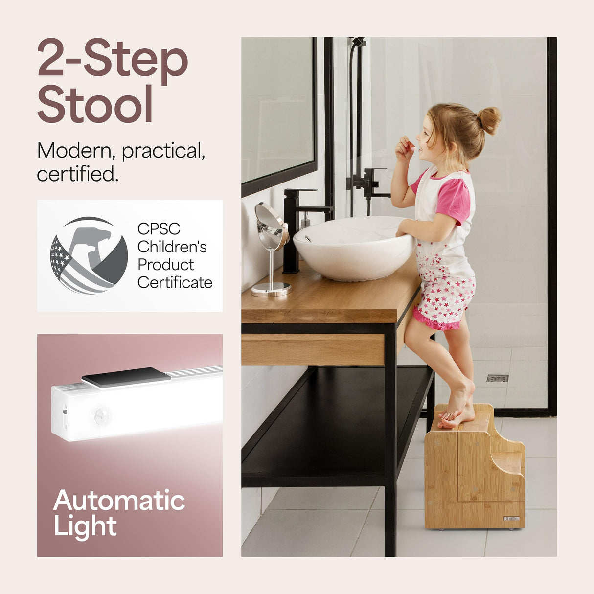 NIFTAKE Kids Step Stool, 250lb Capacity - Sturdy, Safe and Durable, Toddler Step Stool for Toddlers, Bamboo Toddler Stool, Potty Training, Kitchen Wooden Stepping Stool with Auto Light (Natural) NIFTAKE