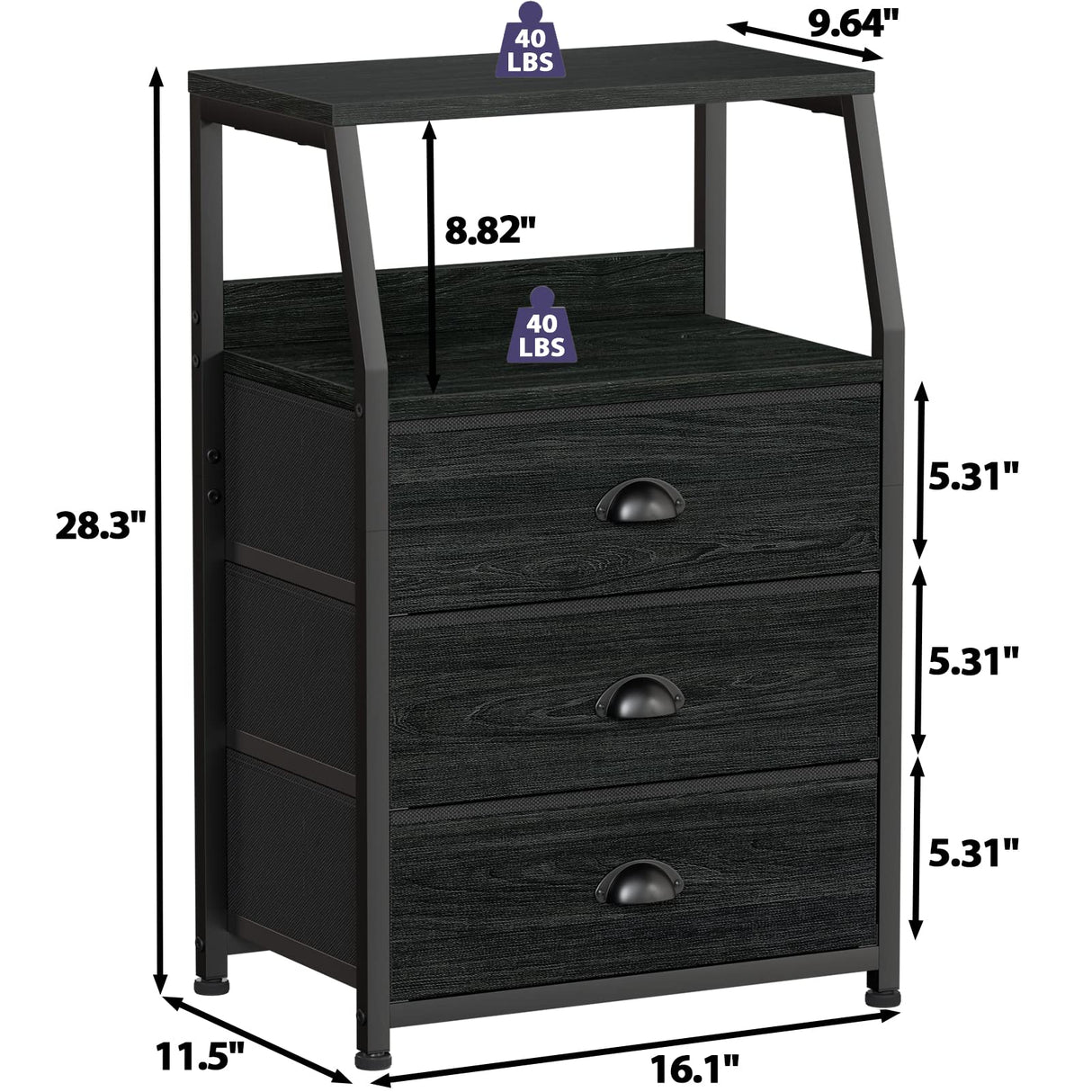 Furnulem Black Night Stand, Small Dresser for Bedroom, Nightstand with 3 Fabric Storage Drawers and 2-Tier Shelf, End Table Side Furniture for Closet, Hallway, Nursery, Sturdy Steel Frame, Wood Top Furnulem