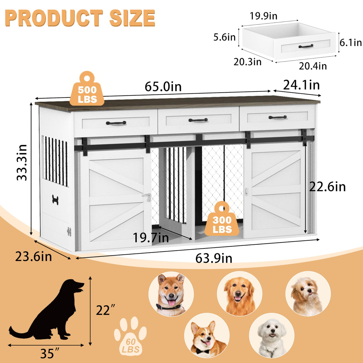 RQZ 65" Double Dog Crate Furniture for 2 Dogs Heavy Duty Wood Dog Cage Table with 3 Storage Drawers and 4 Stainless Steel Bowls Dog Kennel Indoor for Medium Large Dogs RQZ