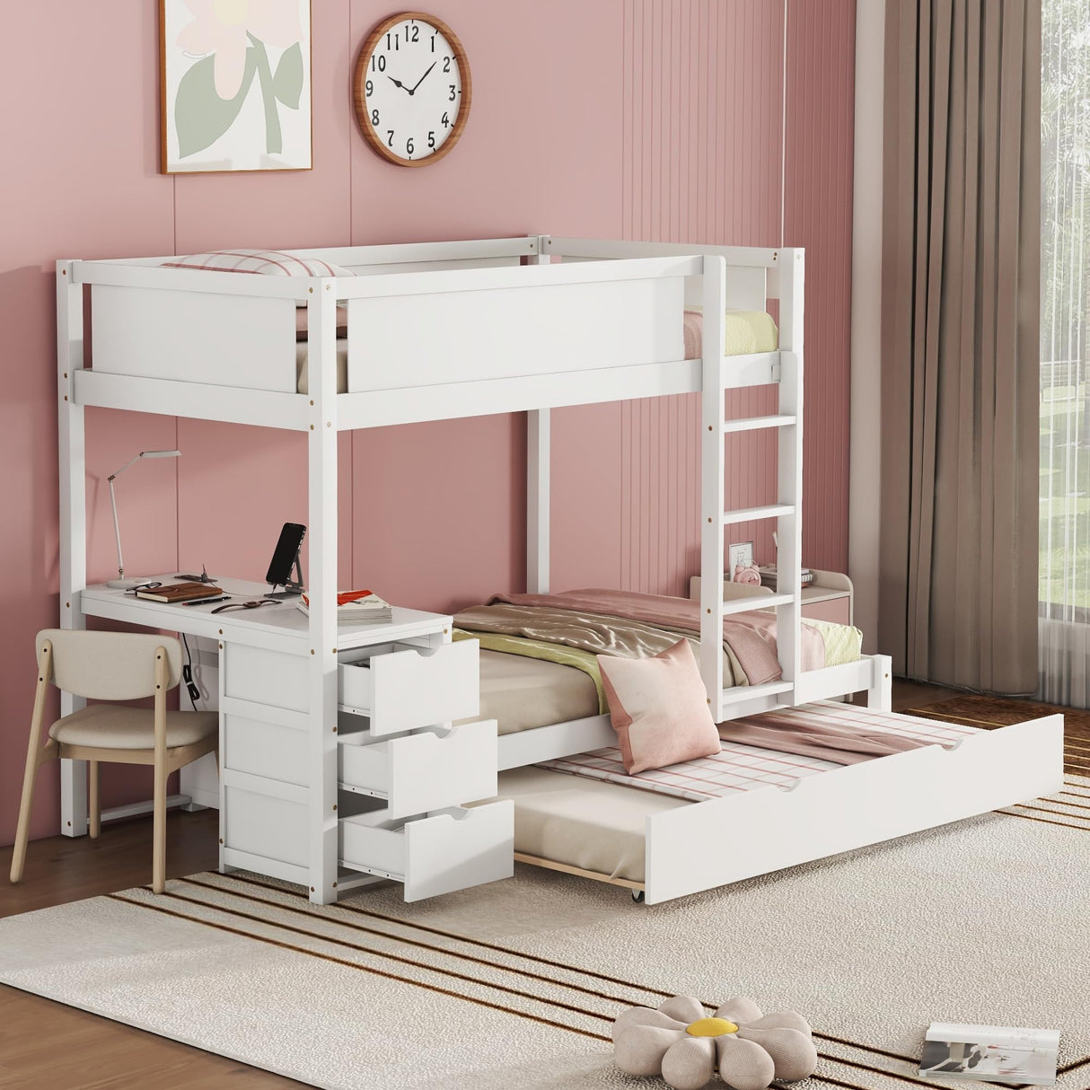 Ball & Cast Twin-Over-Twin Bunk Bed with Twin Size Trundle,Solid Wood Bedframe W/Desk & Drawers,USB,Space Saving,Easy Assembly,Multifunctional Bedroom Furniture Set for Boys Girls Teens,White Ball & Cast