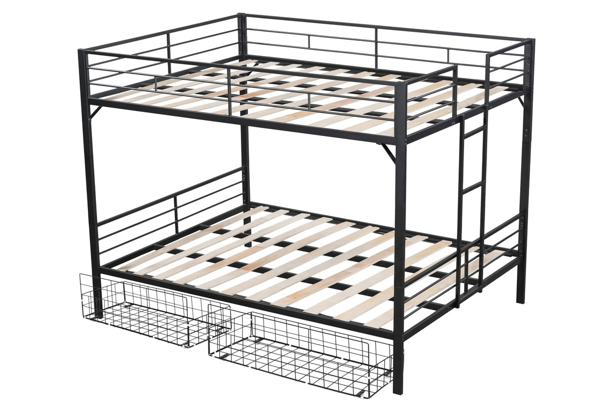 PVWIIK Queen Over Queen Bunk Bed with Drawer and Design Sense Headboard for Adult Teenagers Bedroom,Metal Bed Frame w/Safety Guardrails for Girls, Boys,Modern Style Bed/No Box Spring Required,Black PVWIIK