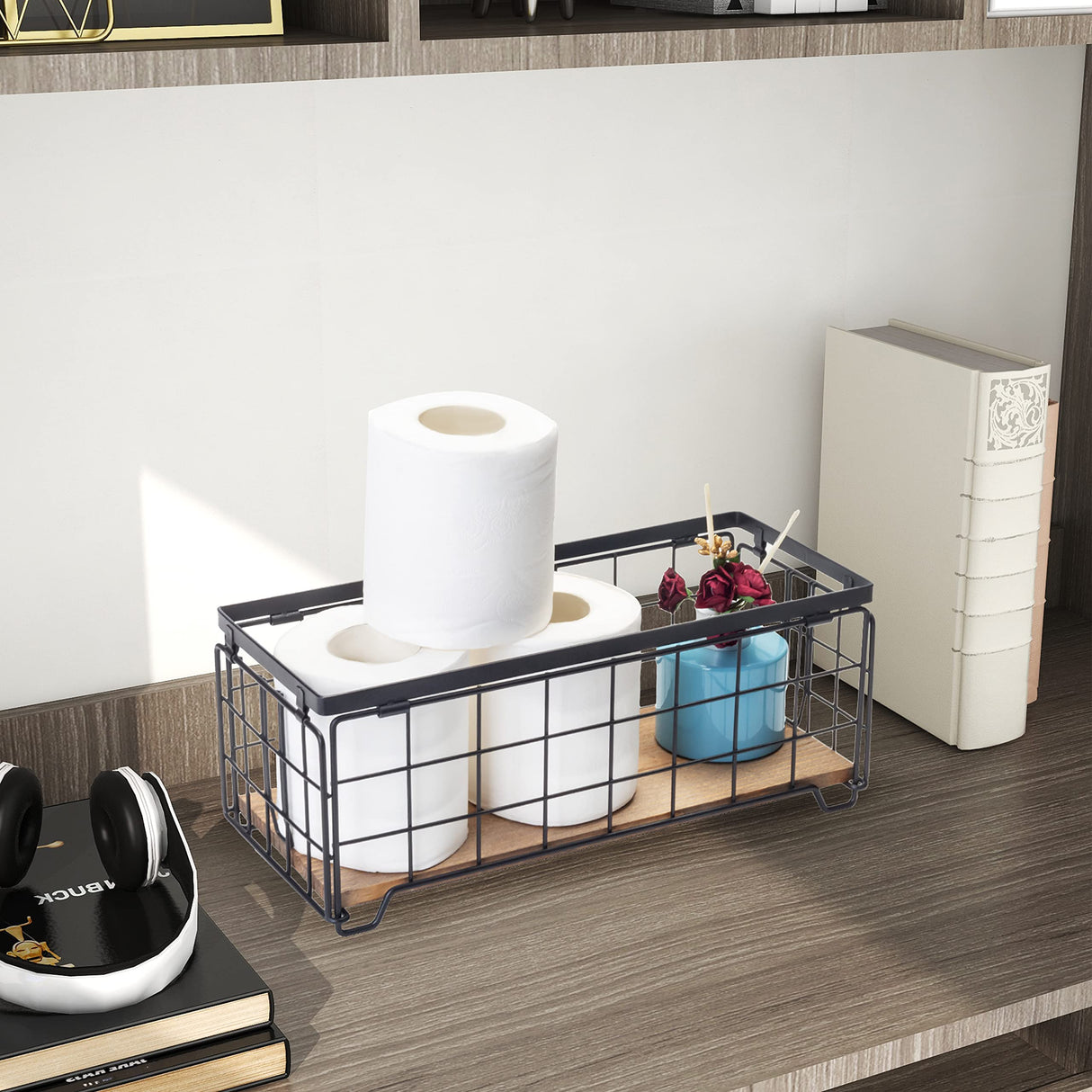 Metal Wire Storage Basket, Toilet Paper Roll Holder Wood Base Countertop Decor Box Toilet Tank Shelf Cabinet Organizer for Bathroom Pantry Garage Bedroom Livingroom - Black TIEYIPIN