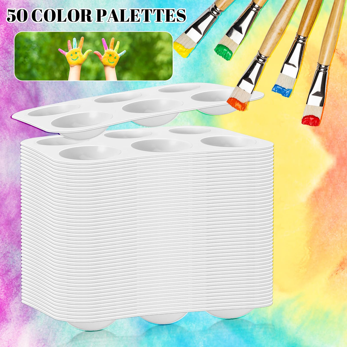 DLOnline 50 PCS White Plastic Watercolor Palette, 6 Well Rectangular Paint Palettes, Paint Tray Palettes, Paint Trays for Kids, for Painting, DIY Craft, Art Painting Class DLOnline