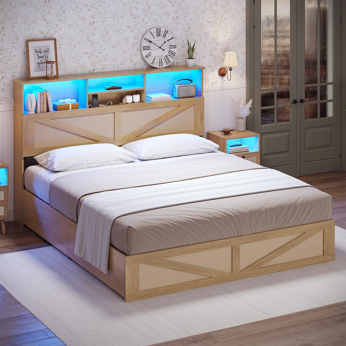 AOGLLATI Queen Bed Frame with 4 Storage Drawers and 2-Tier Bookcase Hidden Headboard, Rattan Led Bed Frame Queen Size with Charging Station, No Box Spring Needed, Wood AOGLLATI
