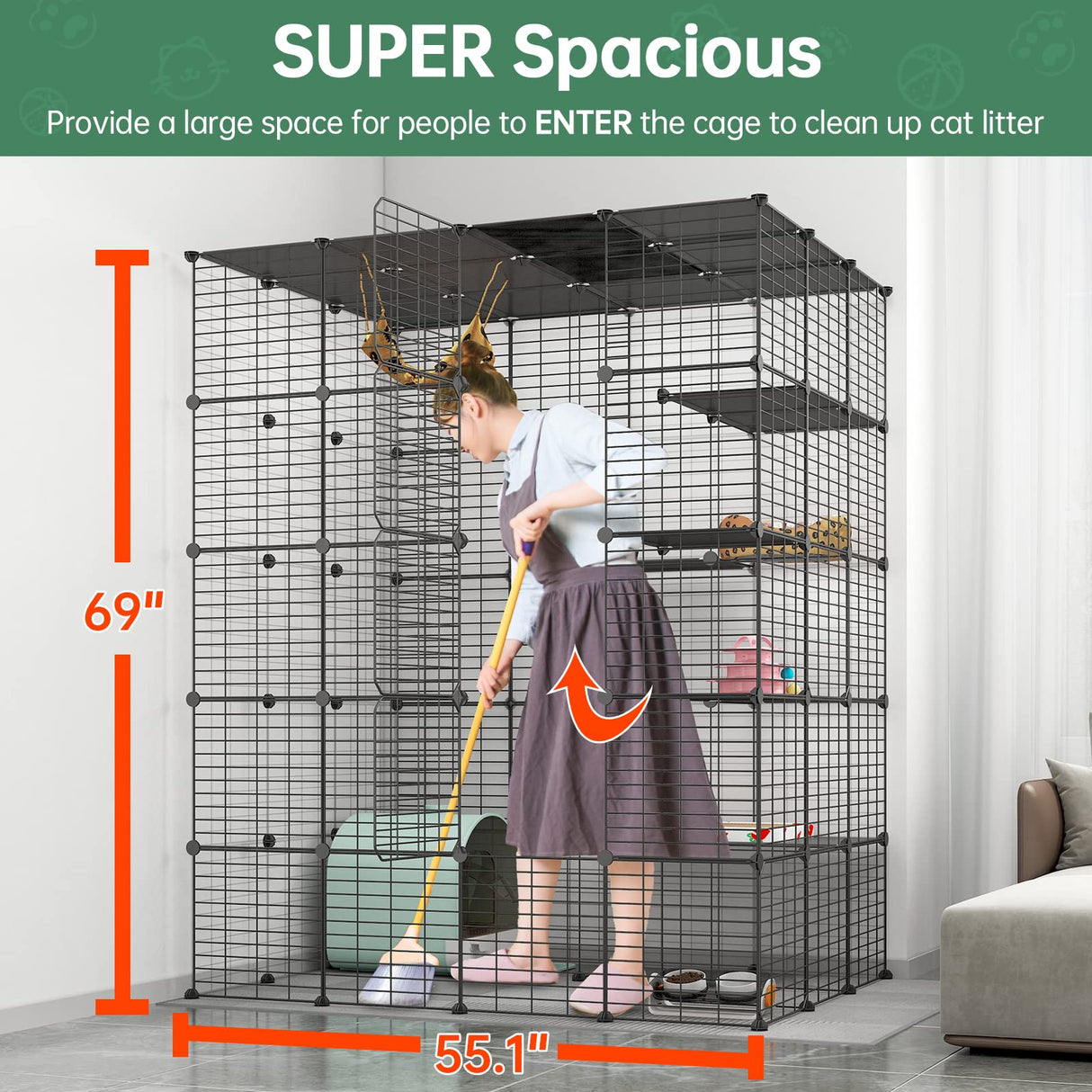 Eiiel Large Cat Cage Indoor Cat Playpen Metal Wire Kennels Crate Ideal for 1-4 Cats, 54 L x 41W x 69 H Inch, Black Eiiel