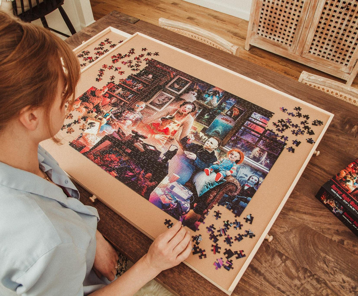 Horror Night Watch Party 1000-Piece Jigsaw Puzzle by Rachid Lotf | Brain Teaser for Adults, Educational Developmental Toys & Games, Building Kit Activities to Encourage Creative Play | 28 x 20 Inches Toynk