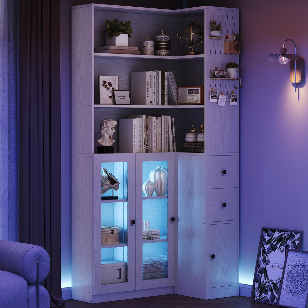 IRONCK Corner Bookshelf with LED Lights, 78.7" Tall Corner Bookshelves with 2 Drawers & Transparent Doors, 7 Tiers L-Shaped Bookcase with Open Shelves and Pegboards for Living Room, Home Office, White IRONCK