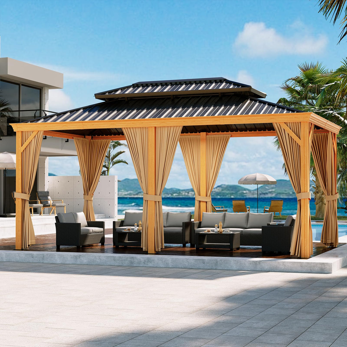 GAOMON 12x20ft Gazebo, Hardtop Outdoor Metal Roof Sun Shade Tent with Netting and Curtains, Permanent Wood Grain Galvanized Iron Aluminum Frame Garden Canopy for Patio, Backyard, Deck, Lawns GAOMON